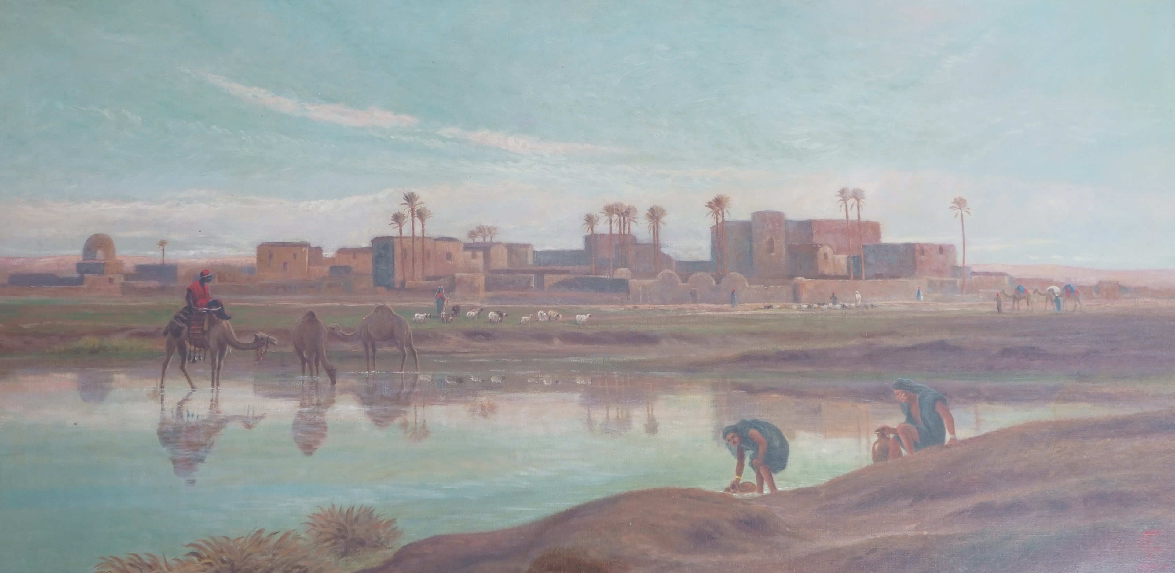 Frederick Goodall RA (English, 1822-1904), 'On the banks of the Nile', oil on canvas, 50 x 100cm